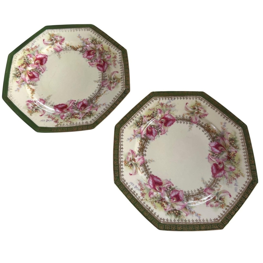 Antique‎ RS Prussia Octagonal Floral Plates - Set of 2 - Green Fleur-de-Lis Mark